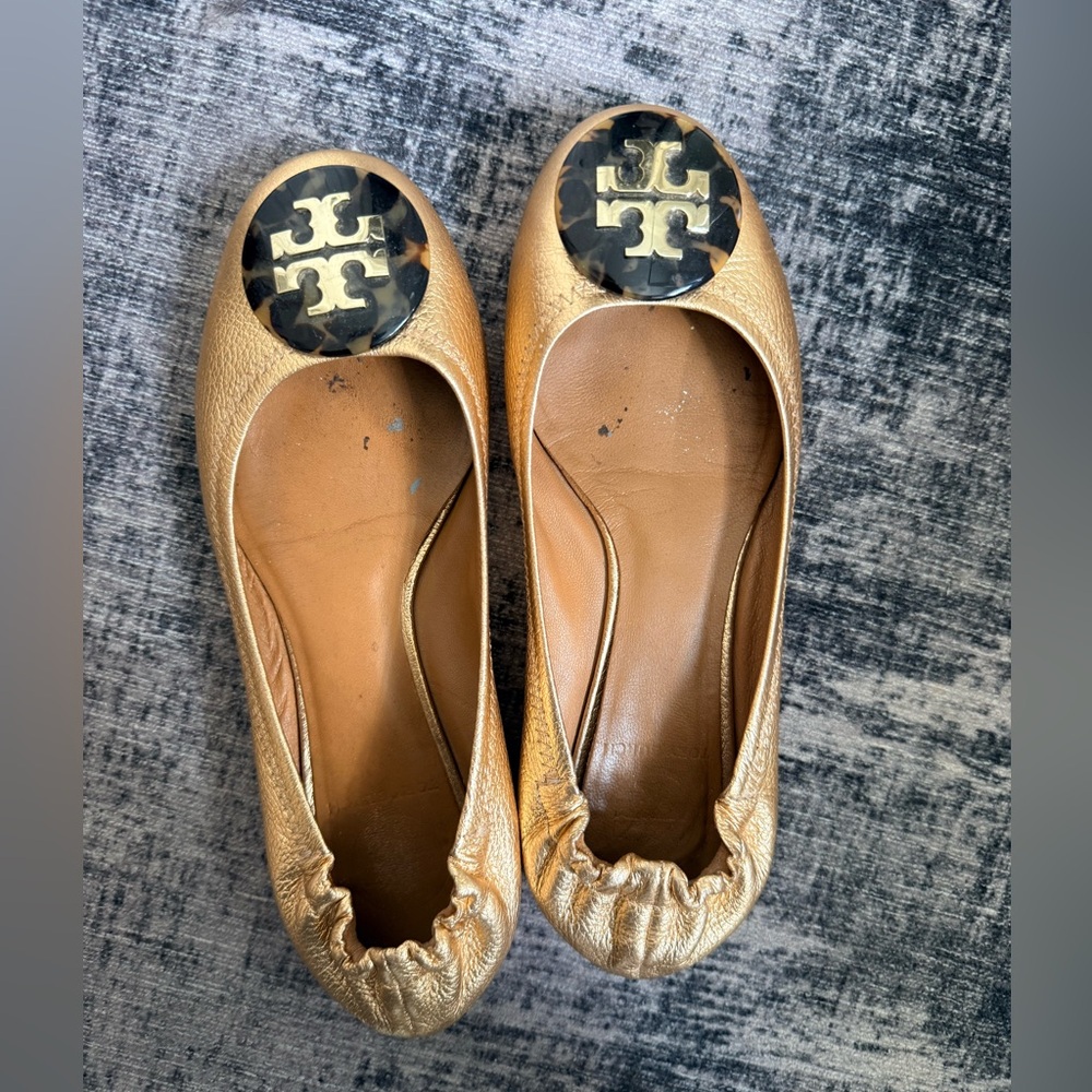 Tory Burch Metallic Gold Flats with Logo Accent